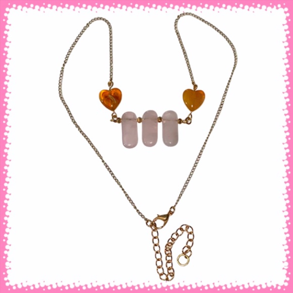 Hand Crafted Necklace Rose Quartz & Hearts Pink Yellow Chain Long Statement - Picture 5 of 6